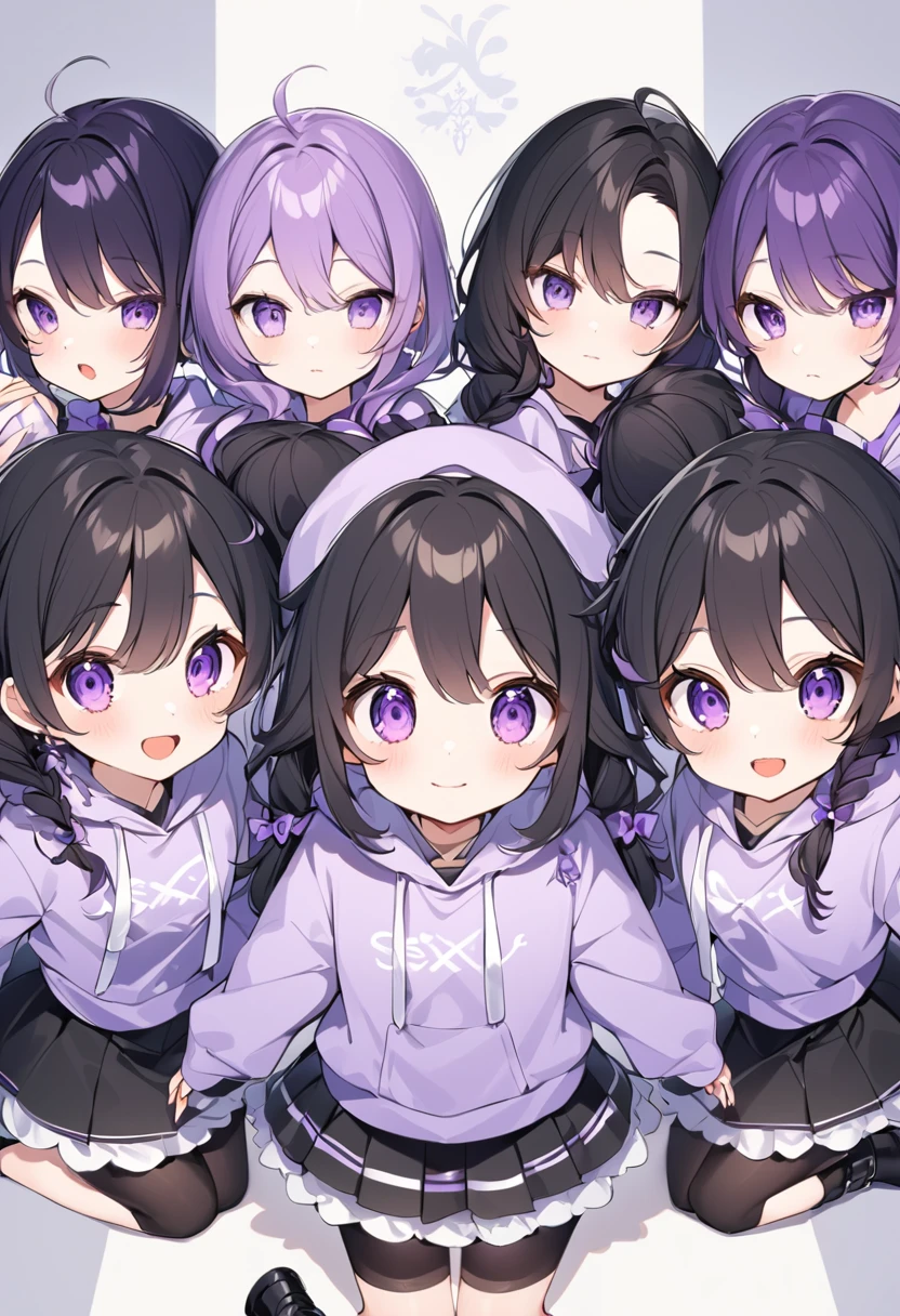 Keito。Purple hoodie。Black Skirt。Purple Eyes。Black Hair。Black shoes下。Black shoes。six sistery eldest daughter has lavender hair.。all female。Sextuplets。