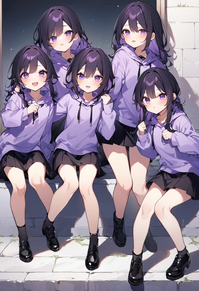Keito。Purple hoodie。Black Skirt。Purple Eyes。Black Hair。Black shoes下。Black shoes。six sistery eldest daughter has lavender hair.。all female。Sextuplets。