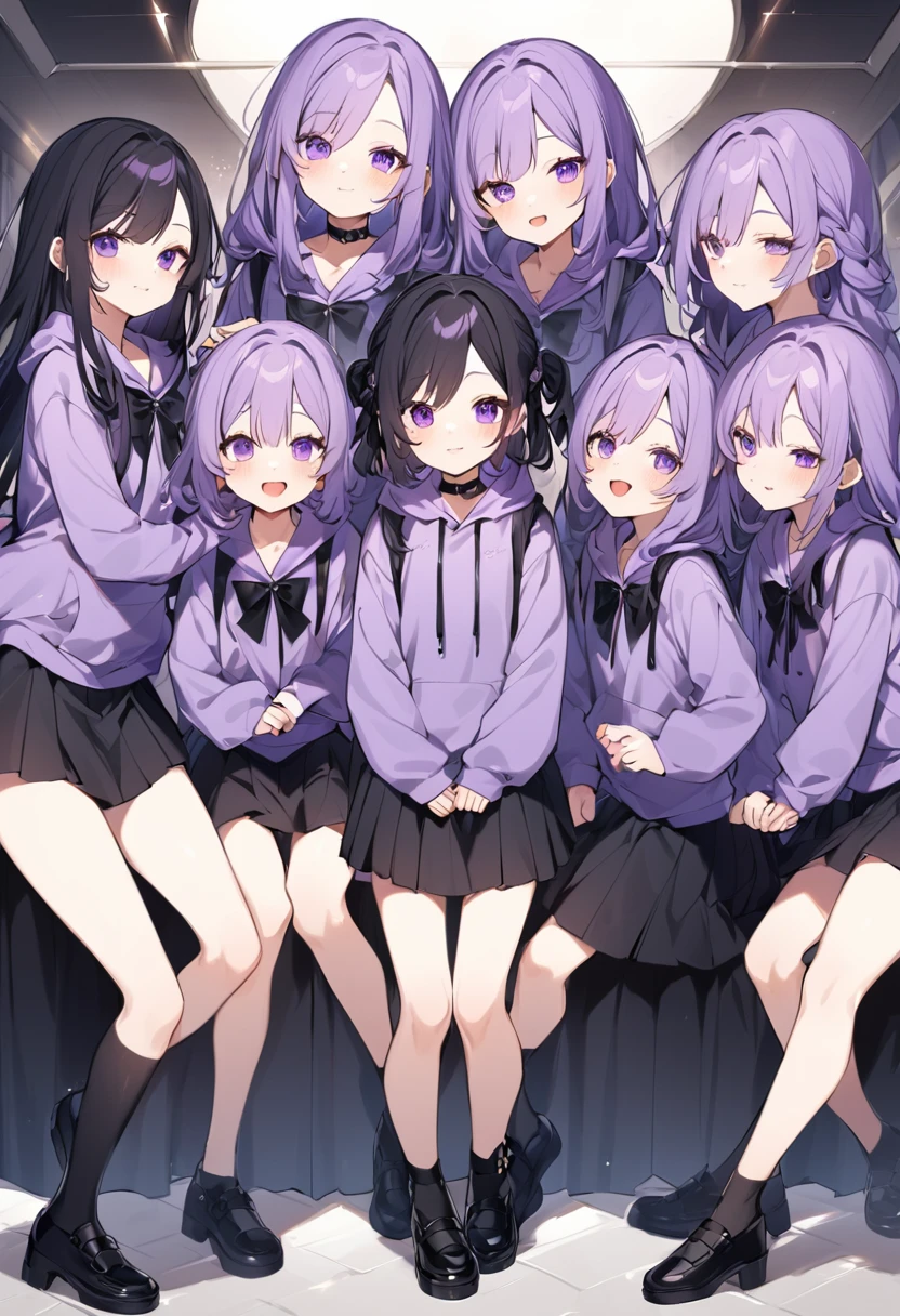 Keito。Purple hoodie。Black Skirt。Purple Eyes。Black Hair。Black shoes下。Black shoes。six sistery eldest daughter has lavender hair.。all female。Sextuplets。
