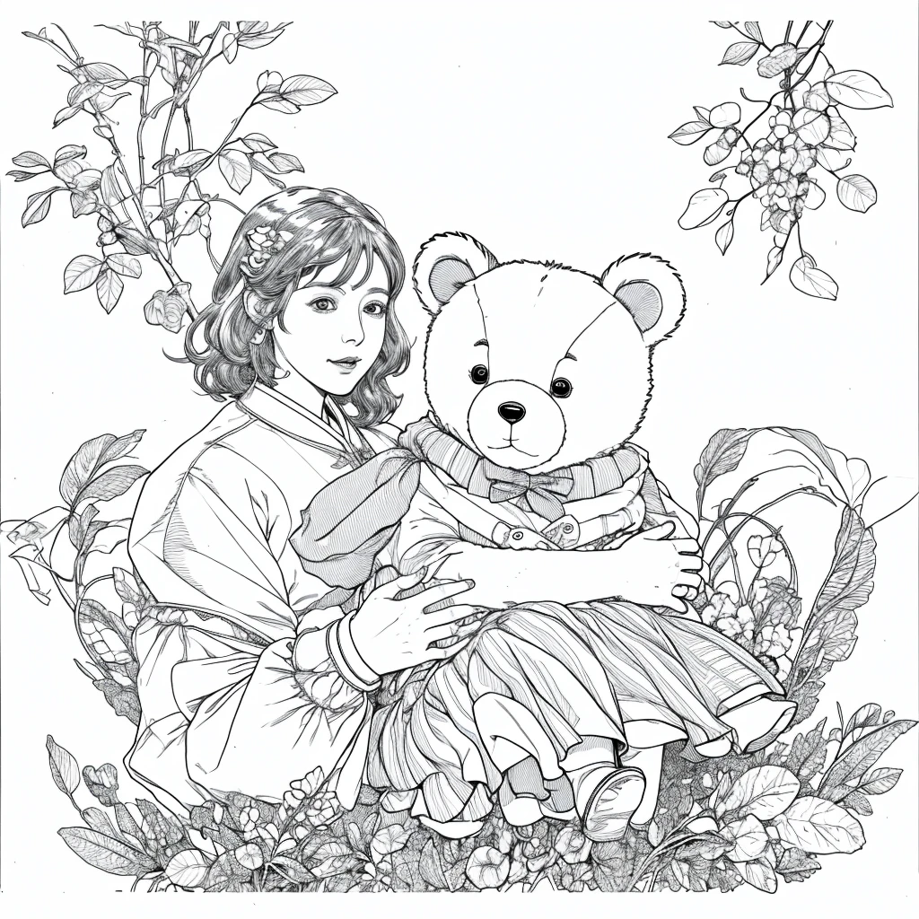 (High quality images) Line art style images, Image of a person holding a teddy bear