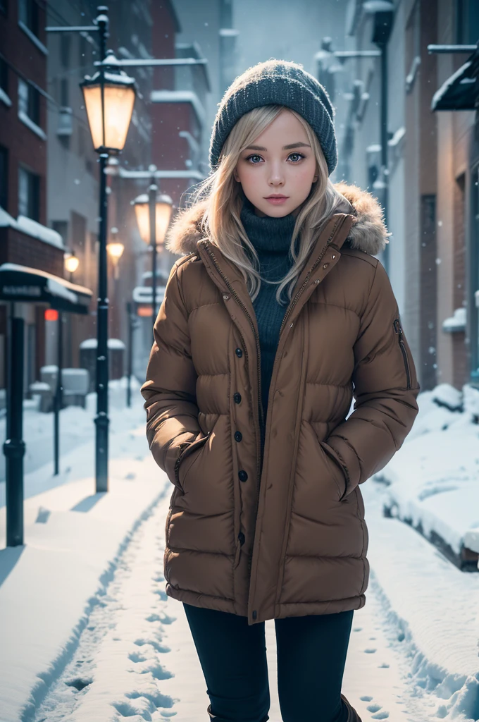 professional photography of a beautiful norwegian girl in corrugated winter clothes, sensual and seductive look, beautiful symmetrical face, beautiful natural makeup, wearing chic warm winter fashion clothing, ((standing outside on the snowy city street)), impressive modern urban environment, ultra realistic, conceptual artwork, chic, highy detailed, intricate, sharp focus, Depth of field, f/1. 8, 85 mm, medium shot, mid shot, (((professional color grading))), soft and bright diffused light, (Volumetric fog), Trends on Instagram, HD 4k, 8K