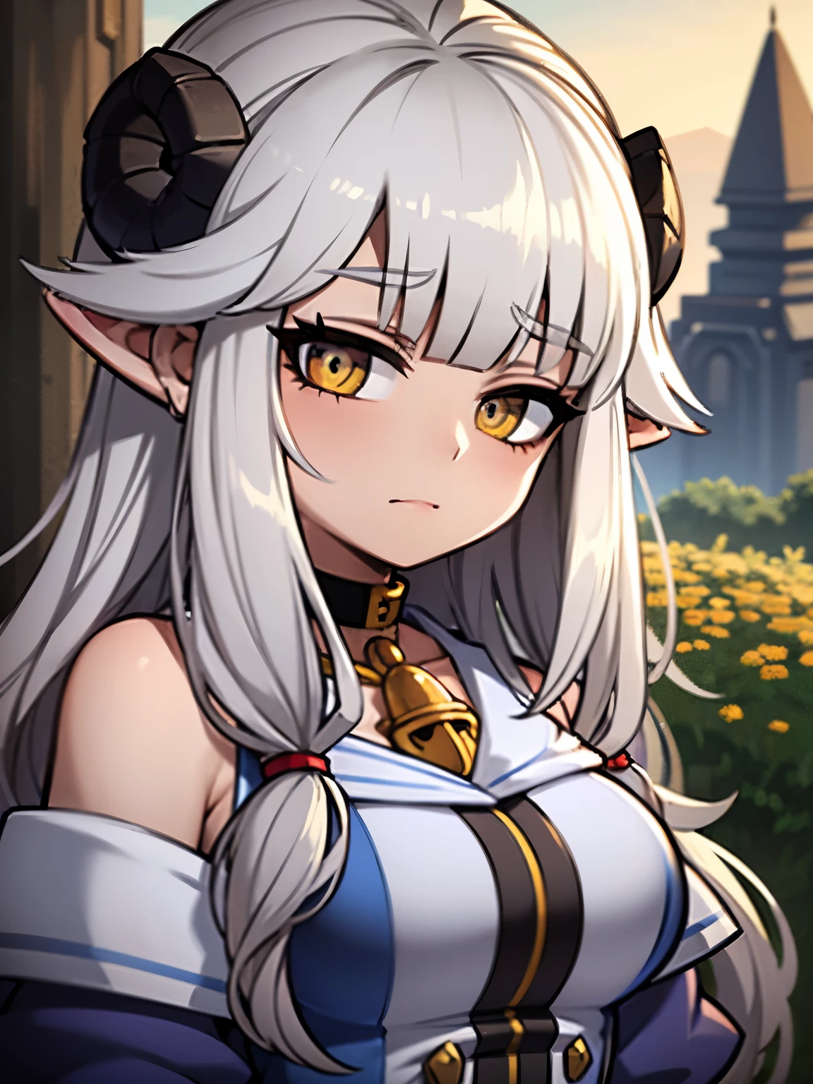 a cute sheep girl, fluffy white hair, curled ram horns, big poofy hair, fluffy wool on body, round bell on choker, detailed facial features, large expressive eyes, small cute nose, soft looking lips, pastoral countryside background, golden hour lighting, vibrant colors, whimsical fantasy, highly detailed, 8k, photorealistic