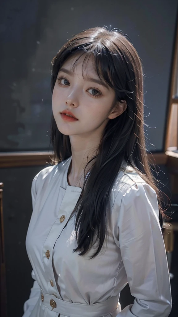8K, Best Quality, 1girl, (skindentation), Night, (Dark), Clear Background Indoors, (People), Beautiful Bangs, Gorgeous,, (Clothing and Uniform:1.3),Soft Lighting, Attractive, Dark Room, (Mouth Closed:1.2, Beautiful Eyes, Detailed Eyes, Detailed Iris, Beautiful Lips, Beautiful Nose, Beautiful Face),(Primary Colors:1.5)