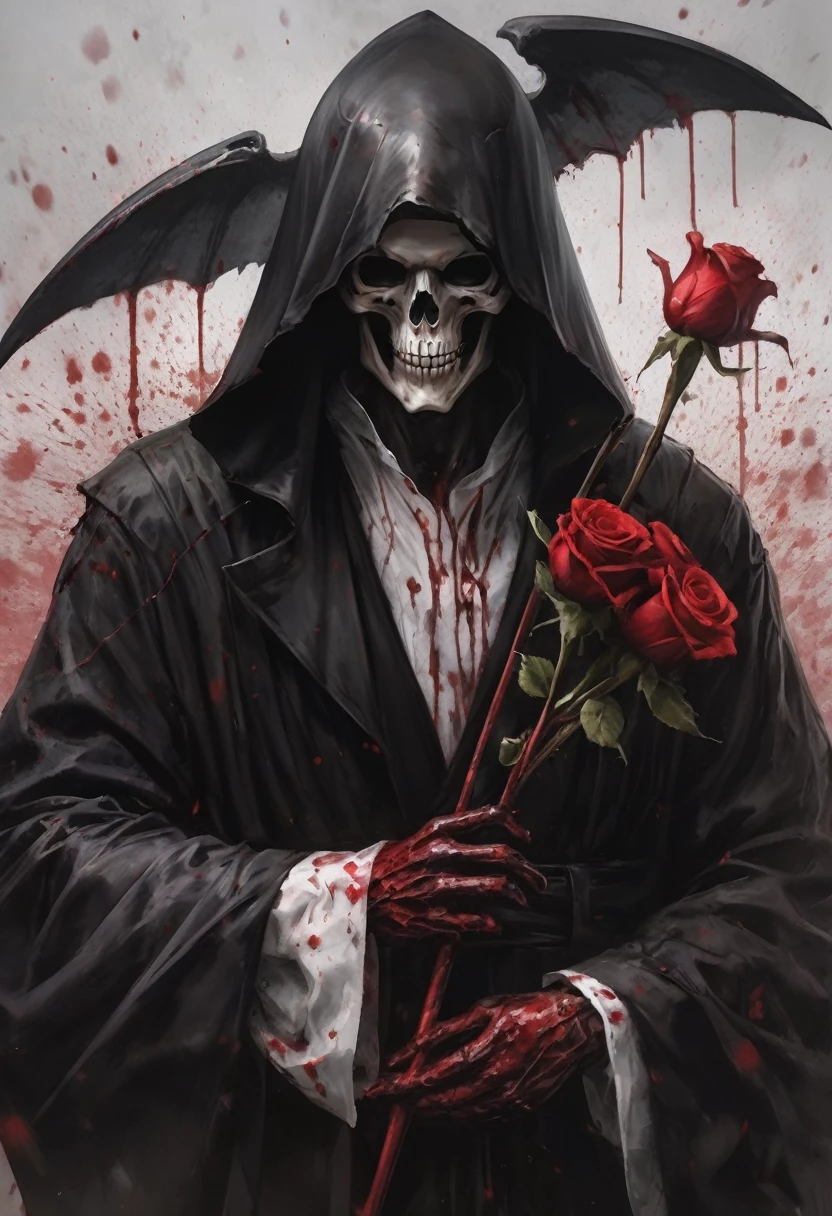 Arafudo Images，One was wearing a black robe、Woman holding a red rose, Blood splatter，Pool of blood，cross，Gothic elements，the grim Reaper, grim Reaper, Beautiful male grim Reaper, Harvesting as a scary, portrait of grim Reaper, Harvesting in overwatch, Omen of Death, punk grim Reaper, reminded me of the grim Reaper, Harvesting, grim Reaper, (Blood splatter:1.5)