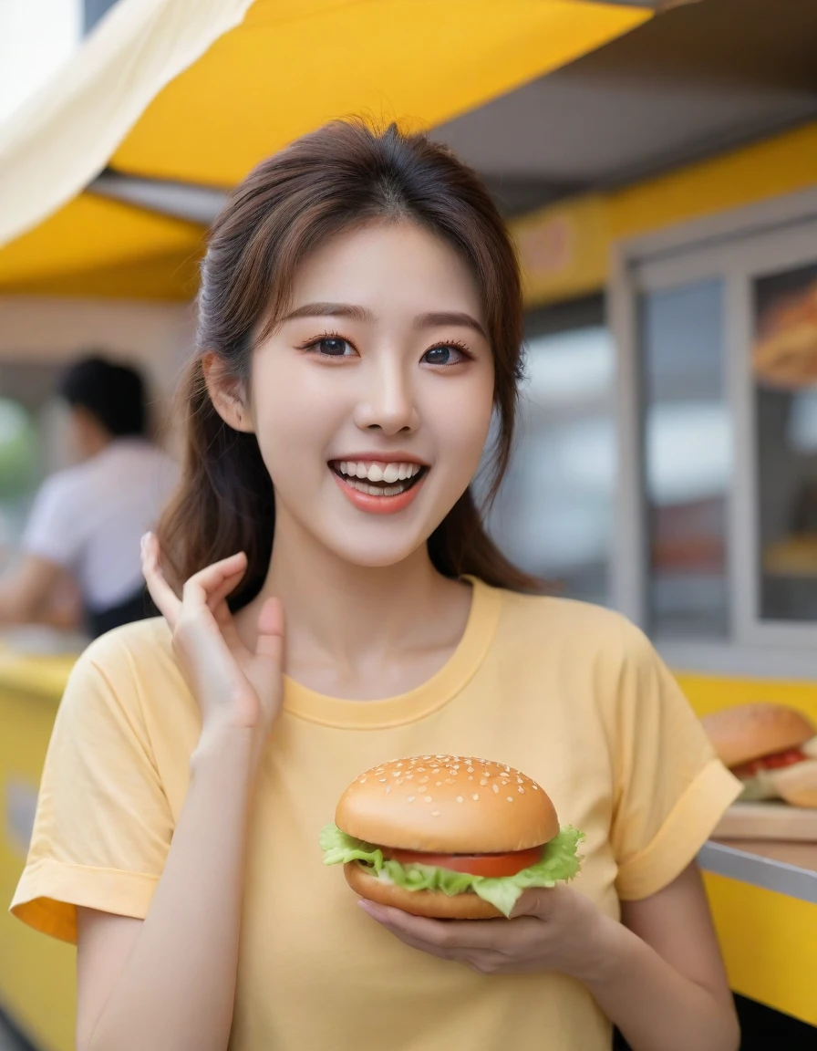 Close-up shot of beautiful korean female, 34 inch breasts size, excited expression face, black and yellow rolled sleeves t-shirt , holding burger, at burger booth, UHD