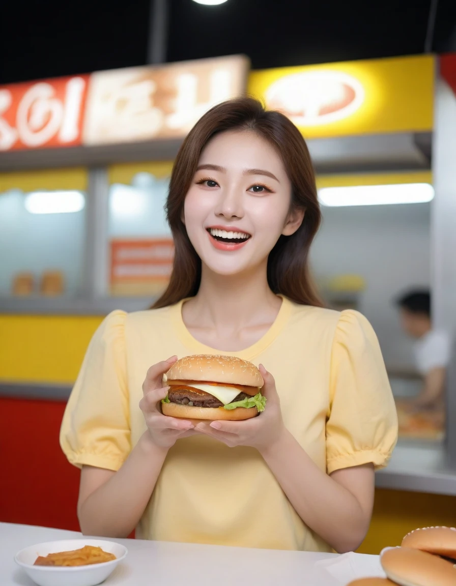 Close-up shot of beautiful korean female, 34 inch breasts size, excited expression face, black and yellow rolled sleeves t-shirt , holding  burger, at burger booth, UHD