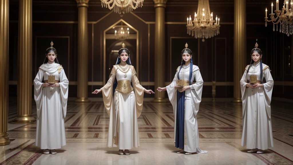 Create for me the front image of 3 eunuchs from the time of ancient Mesopotamia, bringing a piece of news.
I want the background image to be in a beautiful and luxurious hall of the time.
I want a high-definition, 8k image with no defects in my hands.