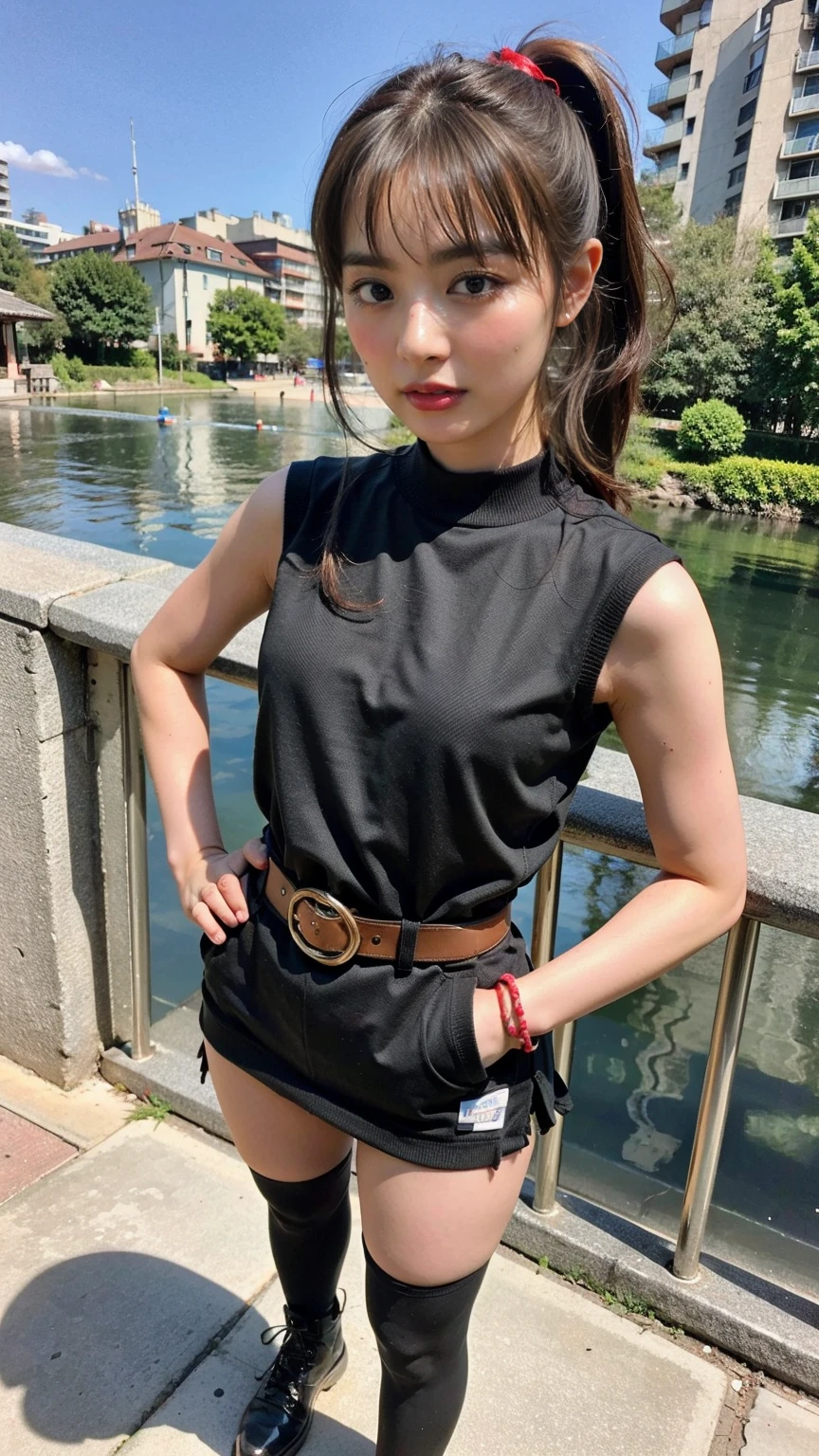 (8K、RAW Photos、Highest quality、masterpiece:1.2)、(Highest quality、Realistic)、1 Girl、((ガーターbelt、Side Ponytail、Tube top、Arm Covers、Ninja costume、mini skirt、Black and Red、tights、Belly button、Gloves、belt、ribbon、See-through、Thin legs、whole body、boots、City of night、View from the front、Looking into the camera、Stand with hands on hips))、cute