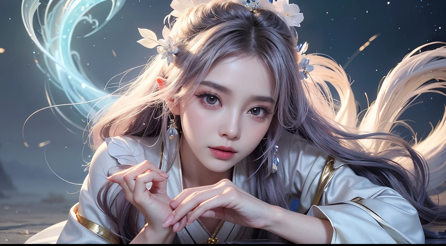 Close-up of woman in costume，Beautiful celestial magician，Amazing young ethereal figure，shaxi，Flowing magic robe，White Hanfu，xianxia fantasy，belle delphine，Ethereal fantasy，Elegant and charming role play，Half lying on the ground，Feminine and colorful，It&#39;s a mess，Night view，Lots of neon