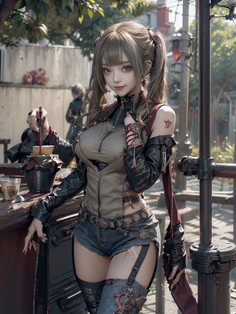 (Full body:1.2)、(Side view:1.1)、(Smiling with teeth showing:1.3),(Shibuya Gal:1.5)、(Beautiful:1.5)、(Punk RockVisual Kei:1.4)、(Burgundy denim with khaki and brown medieval tattered zip up:1.5)、(Wine red arm covers and tattered bugle pants:1.5)、(Wine red high heels:1.3)、(Wearing silver accessories:1.5)、(Dark brown collar:1.4)、(Leather garter belt:1.4)、(Red skin belt:1.3)、(Red lace underwear:1.5)、30 years old、NSFW、((Highest quality、In 8K、masterpiece:1.3))、Sharp focus:1.2、(Layered Cut、Huge boobs:1.1),Beautiful woman with perfect figure:1.4、(Doing an aerobics pose:1.3)、Slender Abs:1.2、Highly detailed face and skin texture、Detailed eyes、double eyelid,(Twin tails:1.3)、(Brown-golden hair:1.3)、Gravure idol、(A fairytale-like cafe with a lush tree background:1.3)、(Slim body:1.3),(Make your legs thinner:1.4),(Thin, thin thighs:1.3)、(clavicle:1.1)
