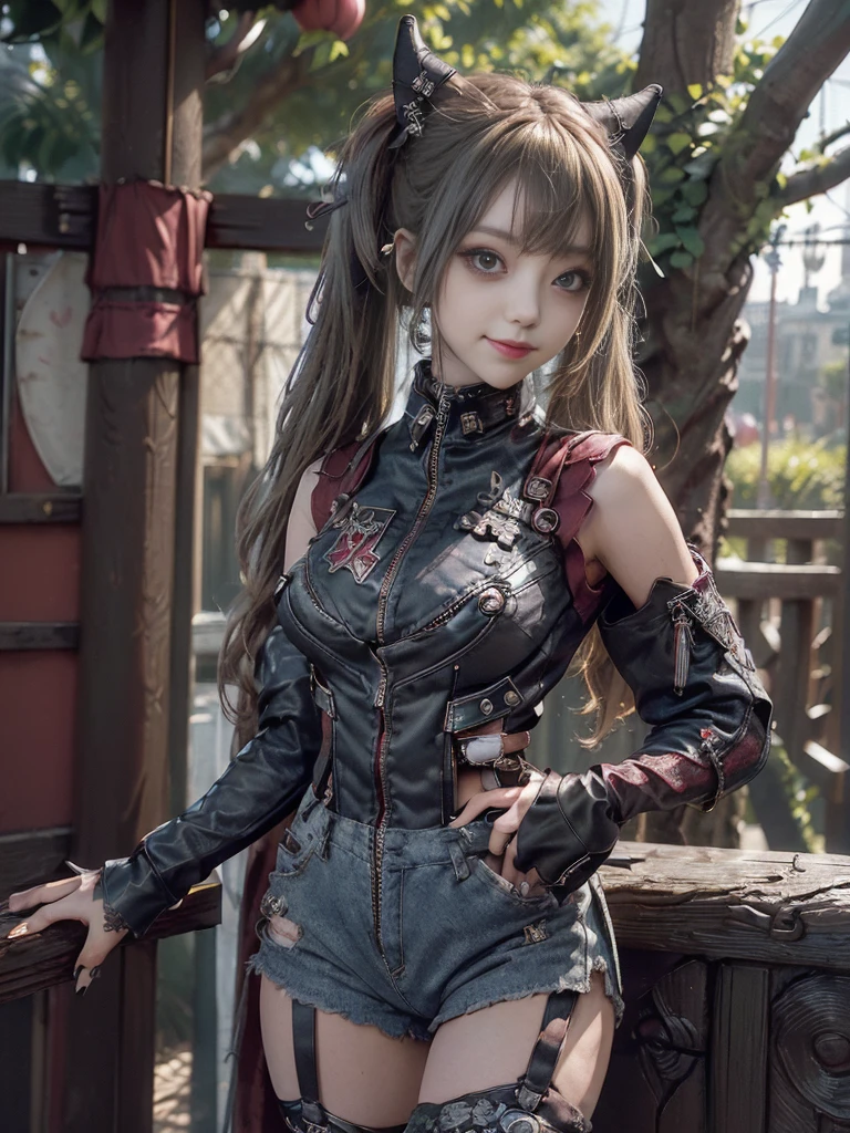 (Full body:1.2)、(Side view:1.1)、(Smiling with teeth showing:1.3),(Shibuya Gal:1.5)、(Beautiful:1.5)、(Punk RockVisual Kei:1.4)、(Burgundy denim with khaki and brown medieval tattered zip up:1.5)、(Wine red arm covers and tattered bugle pants:1.5)、(Wine red high heels:1.3)、(Wearing silver accessories:1.5)、(Dark brown collar:1.4)、(Leather garter belt:1.4)、(Red skin belt:1.3)、(Red lace underwear:1.5)、30 years old、NSFW、((Highest quality、In 8K、masterpiece:1.3))、Sharp focus:1.2、(Layered Cut、Huge boobs:1.1),Beautiful woman with perfect figure:1.4、(Doing an aerobics pose:1.3)、Slender Abs:1.2、Highly detailed face and skin texture、Detailed eyes、double eyelid,(Twin tails:1.3)、(Brown-golden hair:1.3)、Gravure idol、(A fairytale-like cafe with a lush tree background:1.3)、(Slim body:1.3),(Make your legs thinner:1.4),(Thin, thin thighs:1.3)、(clavicle:1.1)