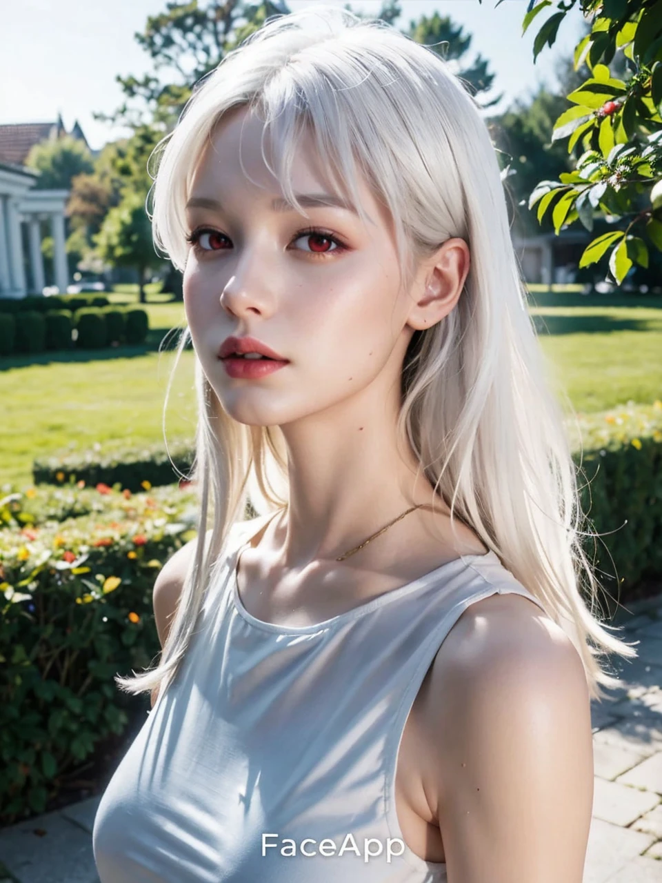 Realistic 3d. Snow white skin. Cherry red color eyes.