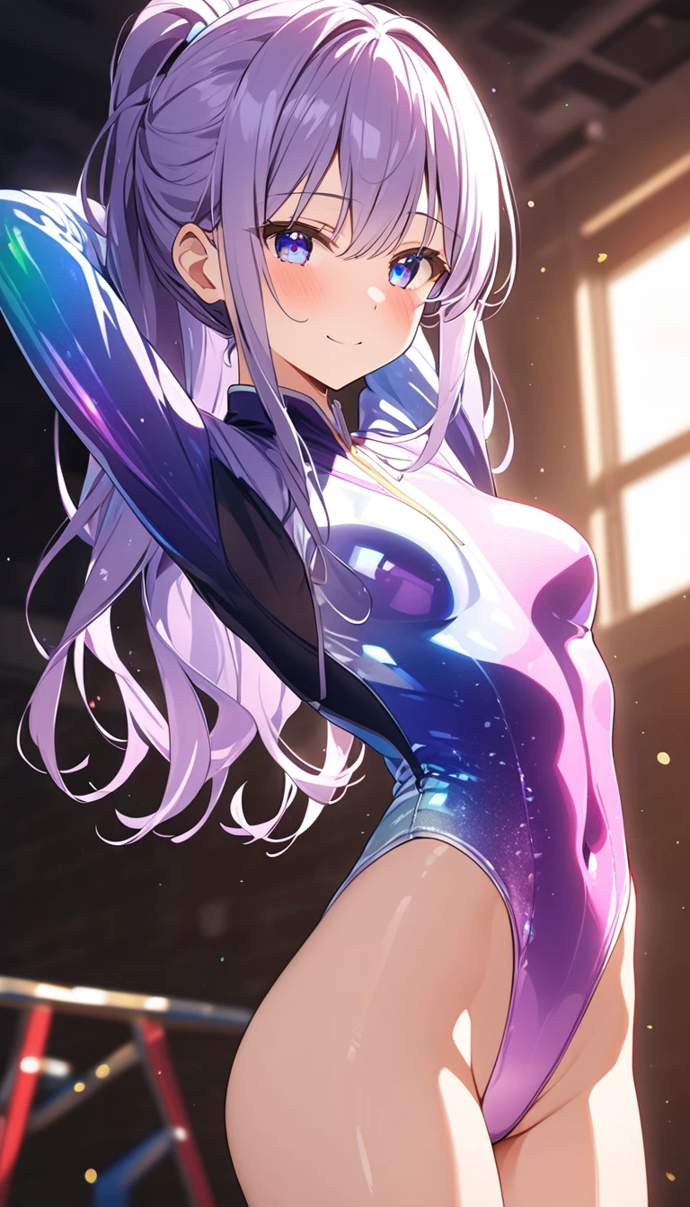 highquality illustration, masterpiece, very delicate and beautiful, attractive girl,(gymnastics leotard, Floral patterns leotard,long sleeve leotard with glittery decoration,high_leg leotard,athletic leotard,tight-fit leotard,iridescent gradient leotard,long-sleeve leotard),thin,slender body,slim,high school,gymnasium background,gymnastics club,gymnastics athlete,princess, beautiful eyes,light smile,(masterpiece, best quality:1.2), highres, extremely detailed CG unity 8k wallpaper, perfect lighting, Colourful, ultra-high res,4K,ultra-detailed, photography, 8K, HDR, 17 ages,cowboy shot,