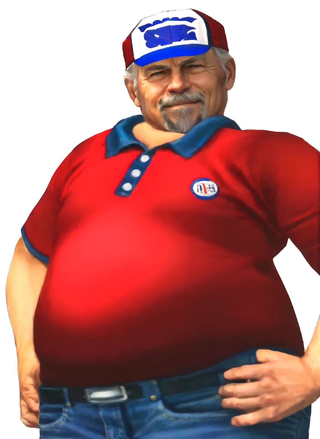 a close up of a man in his 60s wearing a red shirt and blue jeans, as a character in tekken, beefy, realistic textures, jeff bridges with a goatee, best friend smiling at you with encouragement, Out Run 2 flagman, 2 k, 2k, muscular bernie sanders, buff man, character from king of fighters, robust stocky body, hide the pain harold, name of character is flagman, wise face, his cap has a SEGA logo on it, (short GREY hair)