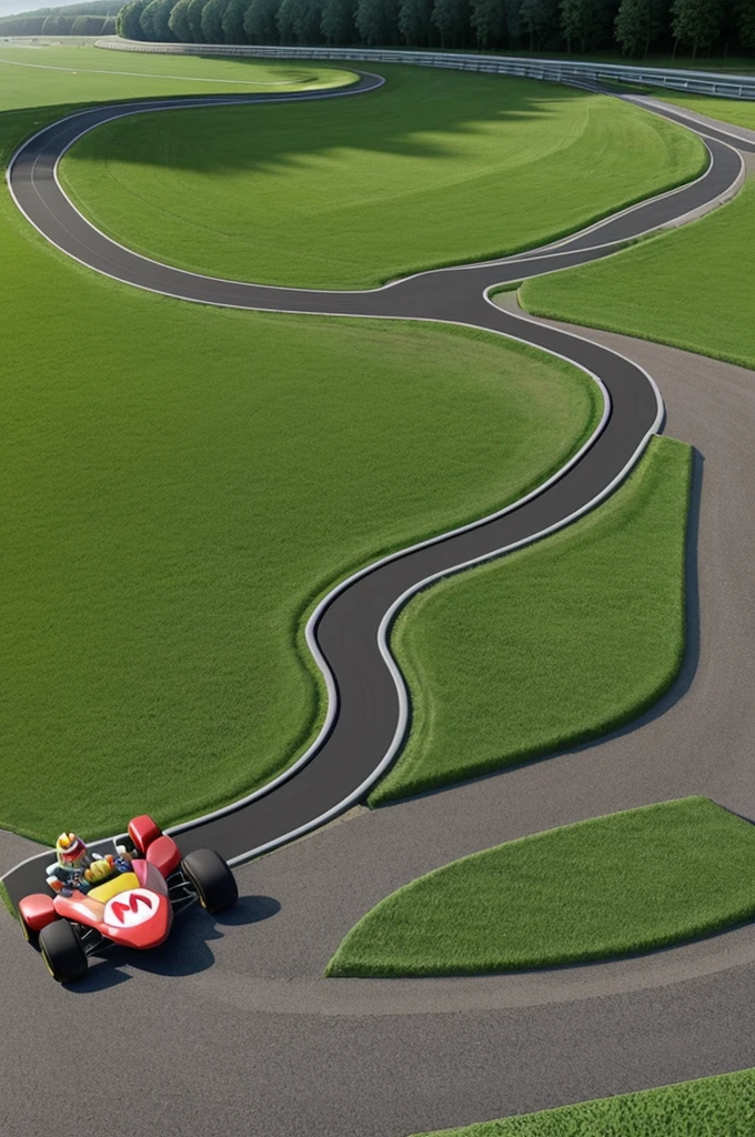 Create an image of a Mario Kart track in the shape of a horizontal 8 with a grey road surface. There should be a beautiful meadow around the track. Princess Peach&#39;s castle will be visible on the green area within the track. in the style of Mario Kart.