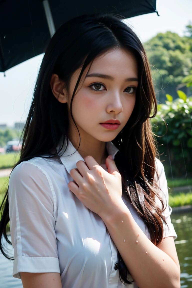 One girl, Long black hair, Uniform, shy, blush, Wet, rain, transparent, (masterpiece, Highest quality), Soft Light, Structure of the film, Cinematic Light