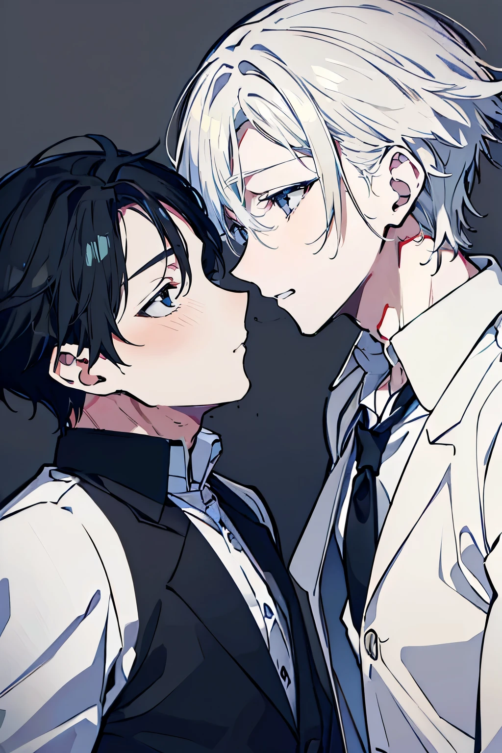 (Mastepiece), (Best Quality), Very detailed, ((Two men intimate)), Perfect Face, Beautiful Face, Very detailed顔,(One black-haired man:1.3),(One white-haired man:1.3),shirt、smile