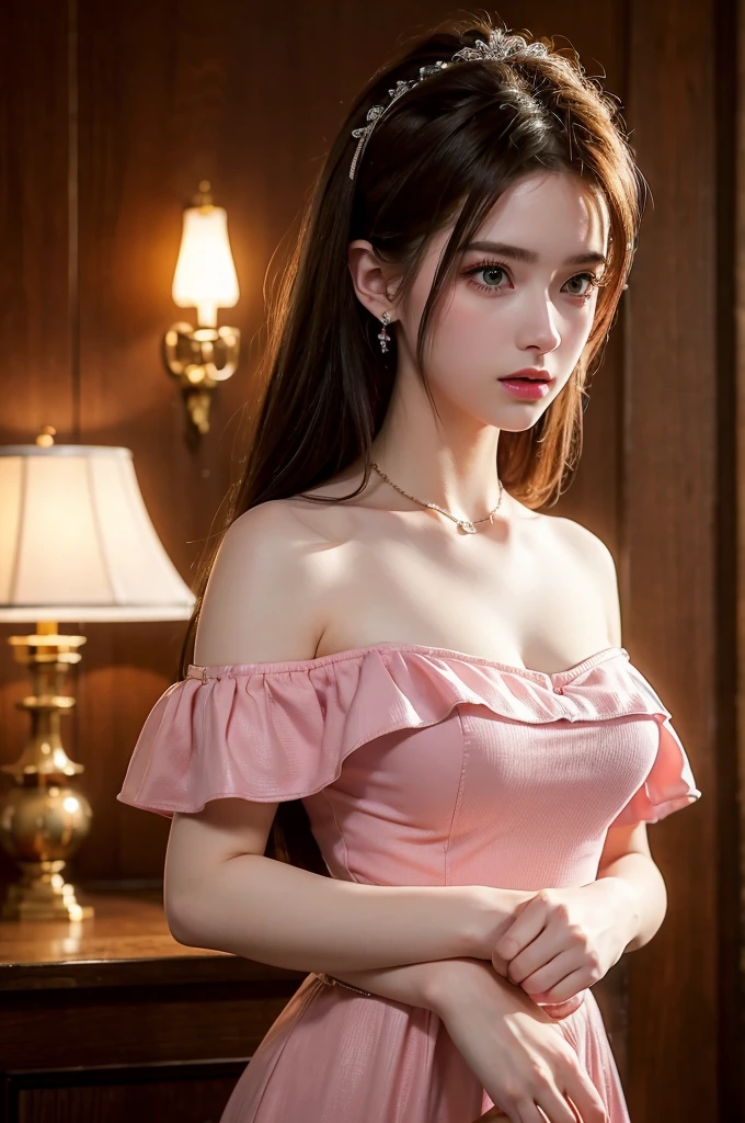 Best Quality, Masterpiece, Ultra High Resolution, (Realisticity: 1.4), Original Photo, 1girl, Pink Off-the-Shoulder, Cinematic Lighting