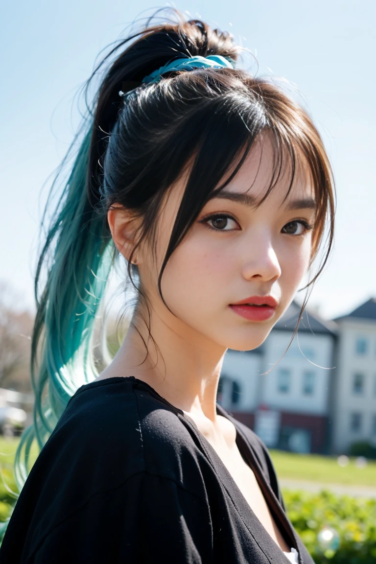 (masterpiece), (Highest quality), (Super detailed),(Disheveled Hair),(figure), (One girl), (Fashionable clothes), Are standing, Fashion Model, View your viewers, (interview), (Simple Background),Beautiful attention to detail, Delicate and beautiful face, floating,(High saturation),(Colorful splashes),Colorful Bubbles,(The Shining), Focus on the face, ponytail, kamisato ayaka, Light blue hair, bangs, Hair Ring, Floating Flowers, Floating hair, (The Shining), Best lighting, Best Shadow,