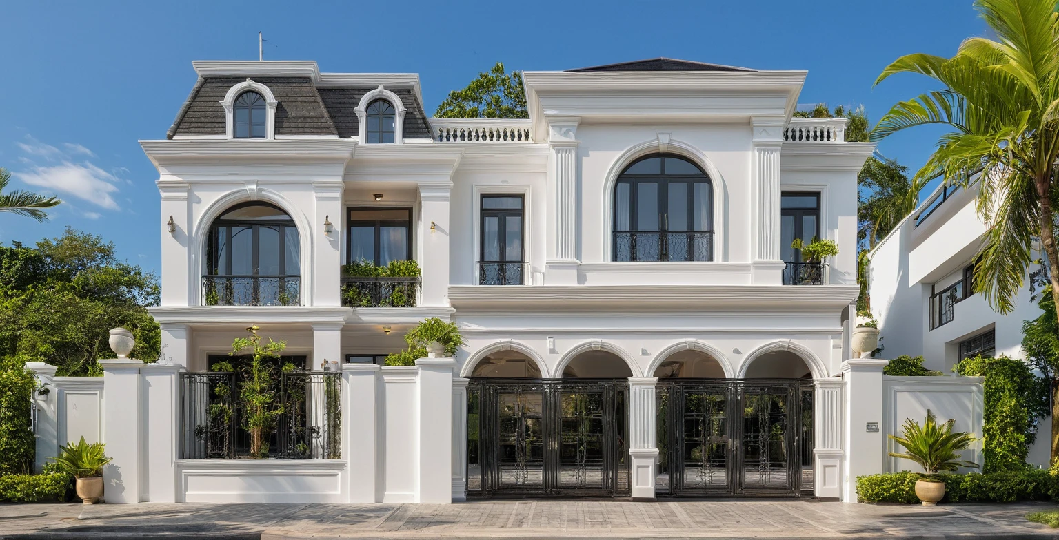 neoclassical villa on the street, (daylight), tropical plants, vivid colors, streetscape, wide gate, white tones, white walls, large glass doors, warm interior lighting , wood and marble, best quality, 20ArchiAI_XL_NeoTH-v2