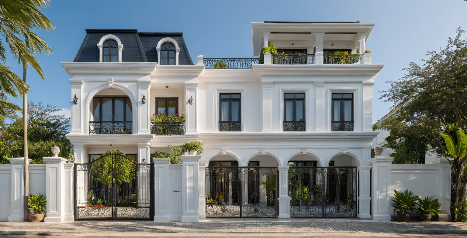 neoclassical villa on the street, (daylight), tropical plants, vivid colors, streetscape, wide gate, white tones, white walls, large glass doors, warm interior lighting , wood and marble, best quality, 20ArchiAI_XL_NeoTH-v2