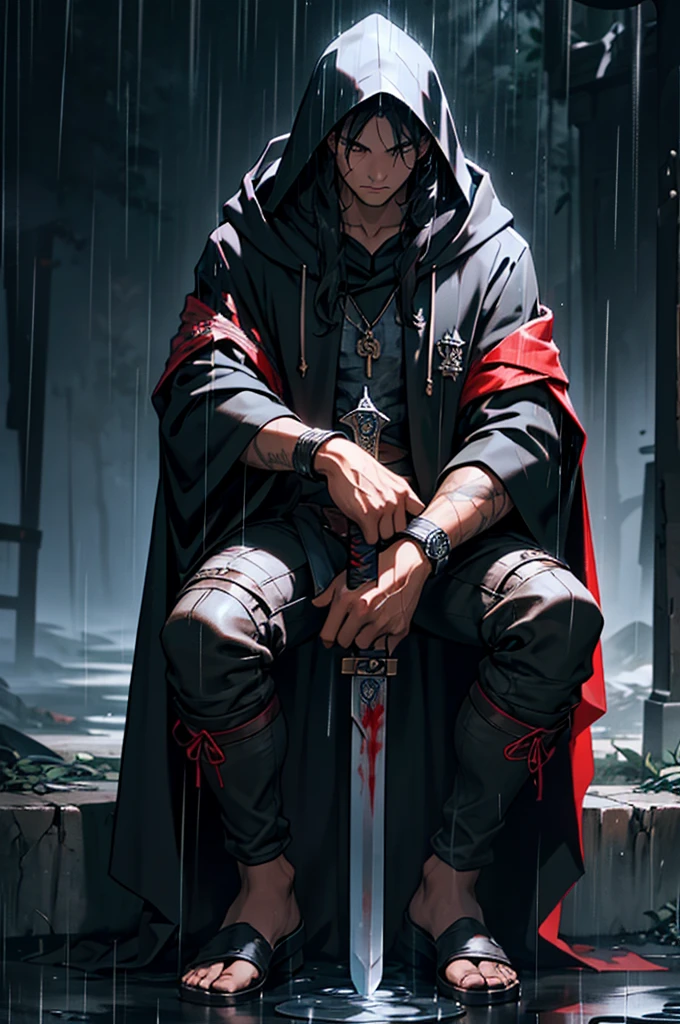 young black man with long dark hair, hooded with black cloak, face heavily shadowed by the hood, Sitting with legs crossed, holding a bloodstained sword, pool of blood at his feet next to him, underground beco escuro, ((night with rain))