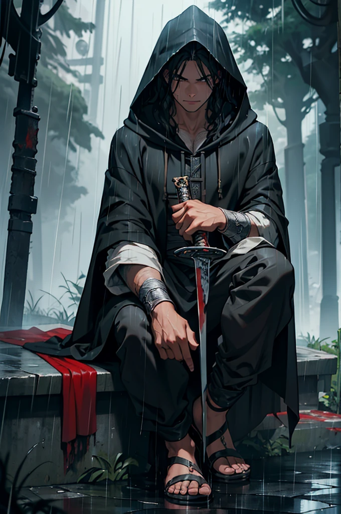 young black man with long dark hair, hooded with black cloak, face heavily shadowed by the hood, Sitting with legs crossed, holding a bloodstained sword, pool of blood at his feet next to him, underground beco escuro, ((night with rain))