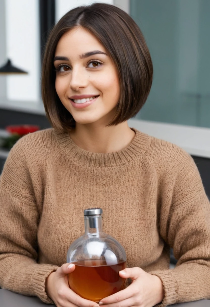 girl 30 years old, medium build brunette, high, Bob haircut, Hair straight. The face is oval, protruding cheekbones, narrow lips, big brown eyes , rounded chin, smiling. Dressed in jeans and a sweater, Holding a flask in his hands.