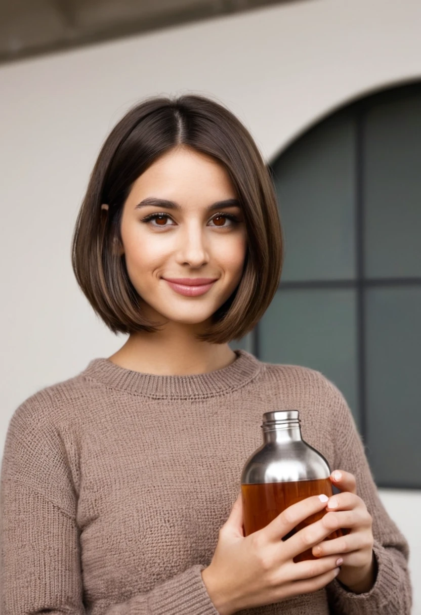 girl 30 years old, medium build brunette, high, Bob haircut, Hair straight. The face is oval, protruding cheekbones, narrow lips, big brown eyes , rounded chin, smiling. Dressed in jeans and a sweater, Holding a flask in his hands.