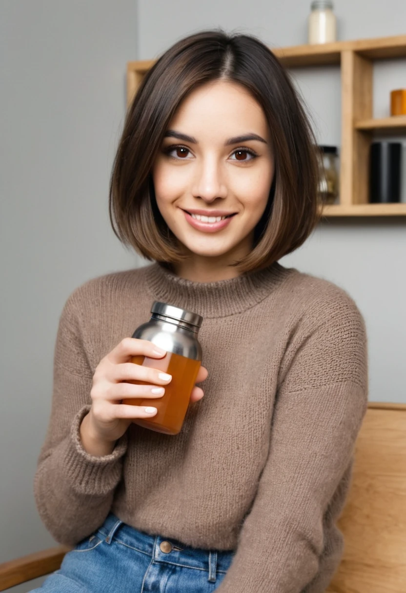girl 30 years old,  medium build brunette,  high, Bob haircut, Hair straight. The face is oval, protruding cheekbones, narrow lips, big brown eyes , rounded chin, smiling. Dressed in jeans and a sweater, Holding a flask in his hands.
