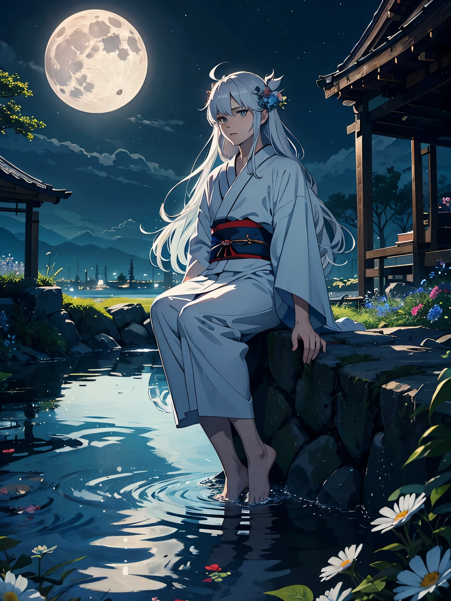 Kimono! Big Wolf. day lights. More anime. light blue light. Bright bright light. magical. Moon. Sitting on a big white wolf. Lightening flowers. More anime. male. Blue flowers. Long hair. long white hair. aquatic, boy, God of the Moon, silver hair accessories, White hair.