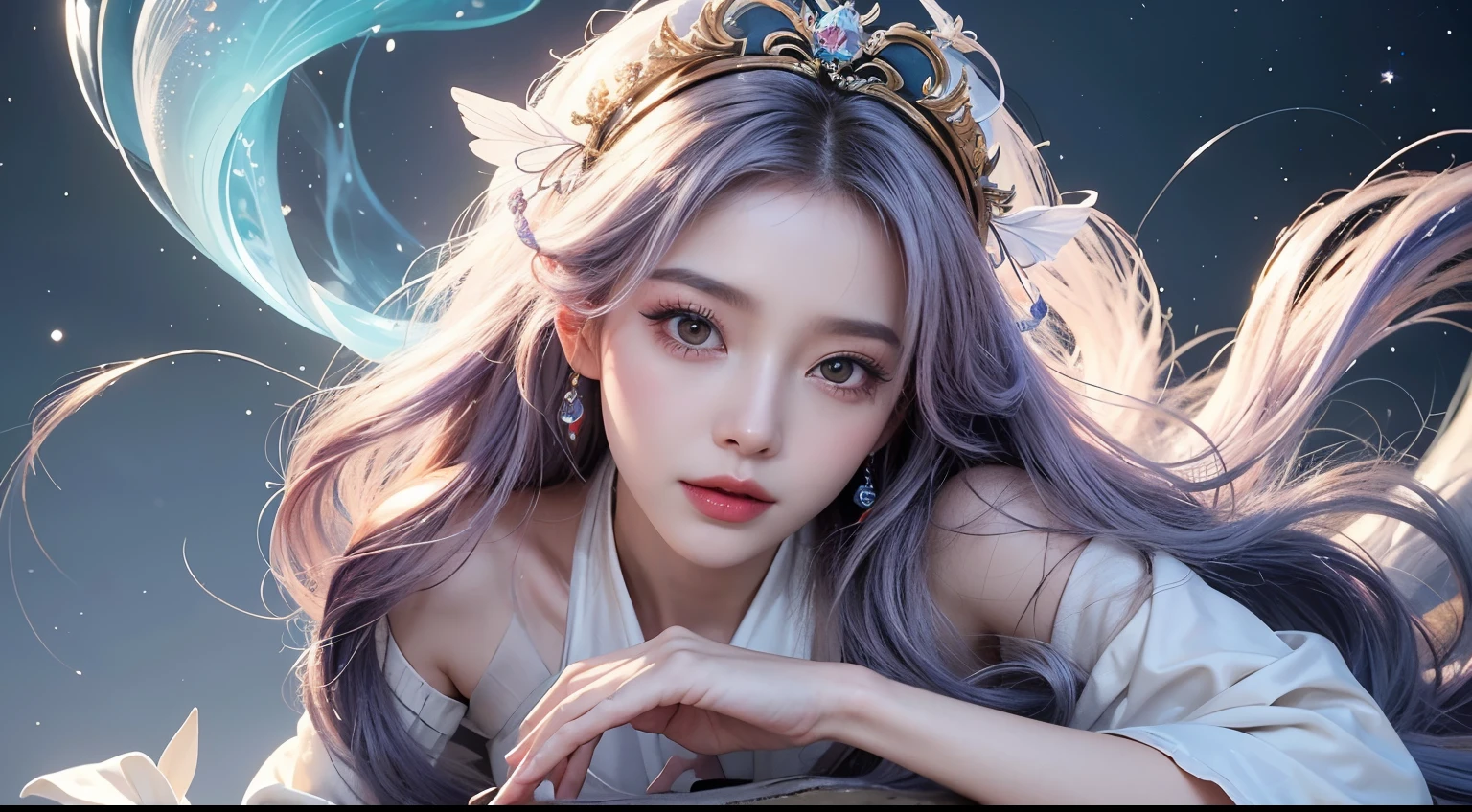 Close-up of woman in costume,Beautiful celestial magician,Amazing young ethereal figure,shaxi,Flowing magic robe,White Hanfu,xianxia fantasy,belle delphine,Ethereal fantasy,Elegant and charming role play,Half lying on the ground,Feminine and colorful,It's a mess,Night view,Lots of neon