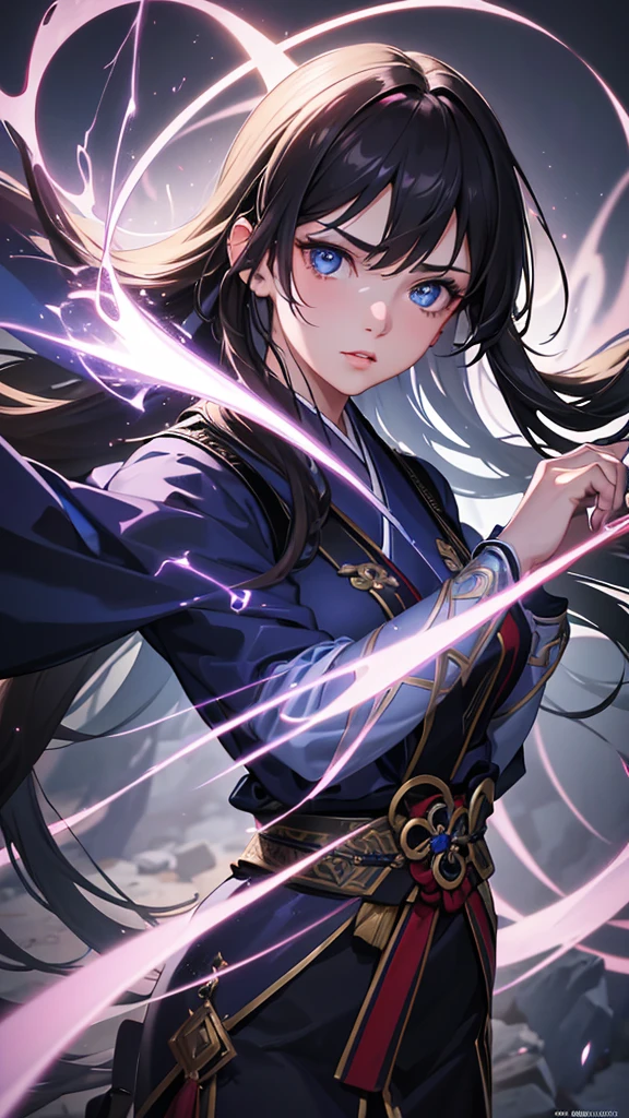 a beautiful young woman, 18 years old, long dark hair, striking bright blue eyes, serious expression, wearing traditional japanese clothing, manipulating purple lightning bolts, summoning thunderstorms, wielding powerful magic, dramatic lighting, dark atmosphere, (best quality,4k,8k,highres,masterpiece:1.2),ultra-detailed,(realistic,photorealistic,photo-realistic:1.37),HDR,UHD,studio lighting,ultra-fine painting,sharp focus,physically-based rendering,extreme detail description,professional,vivid colors,bokeh,dark fantasy,concept art