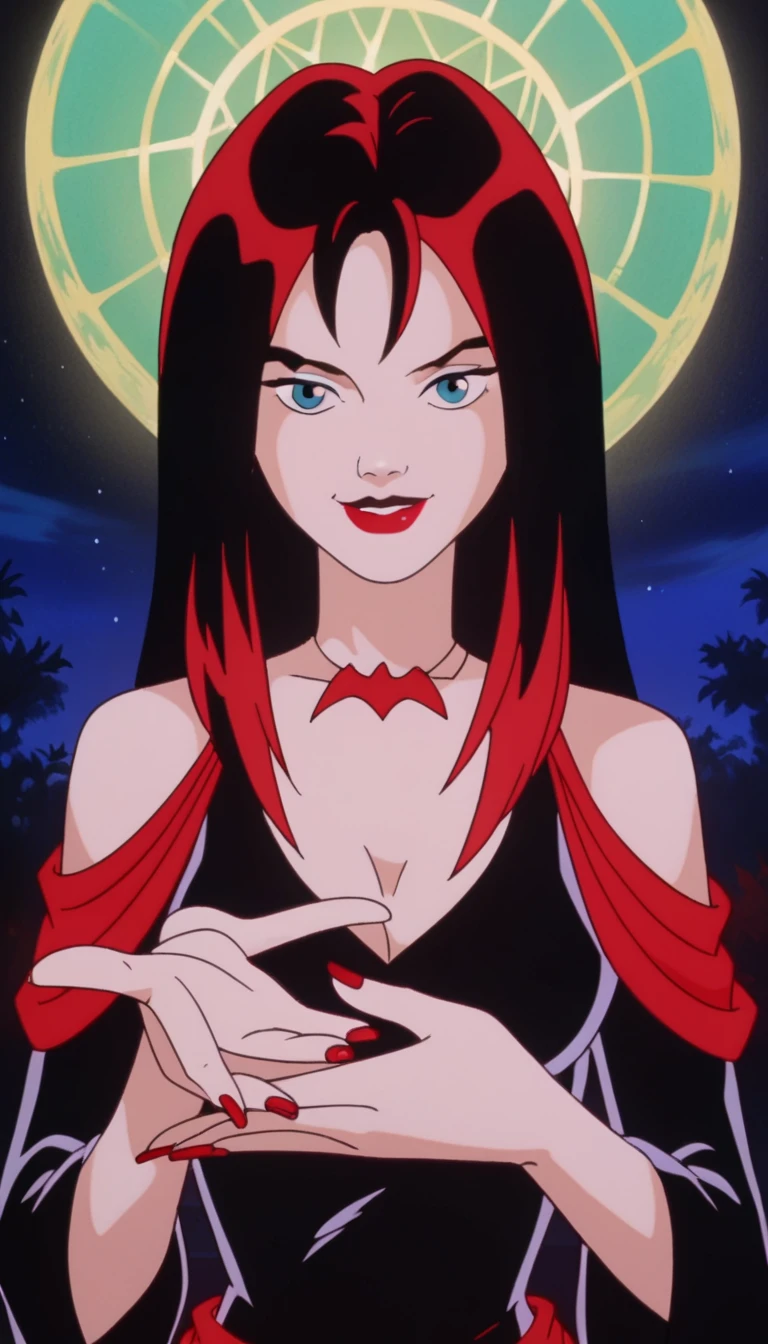 score_9, score_8_up, score_7_up, zPDXL, Thornhex, black hair, red highlights , SD90style, retro artstyle, source_cartoon, 2D, 1girl, red nails, blue eyes, red lips, black dress, long hair, looking at viewer, breasts, lipstick, makeup, upper body, smile, full body