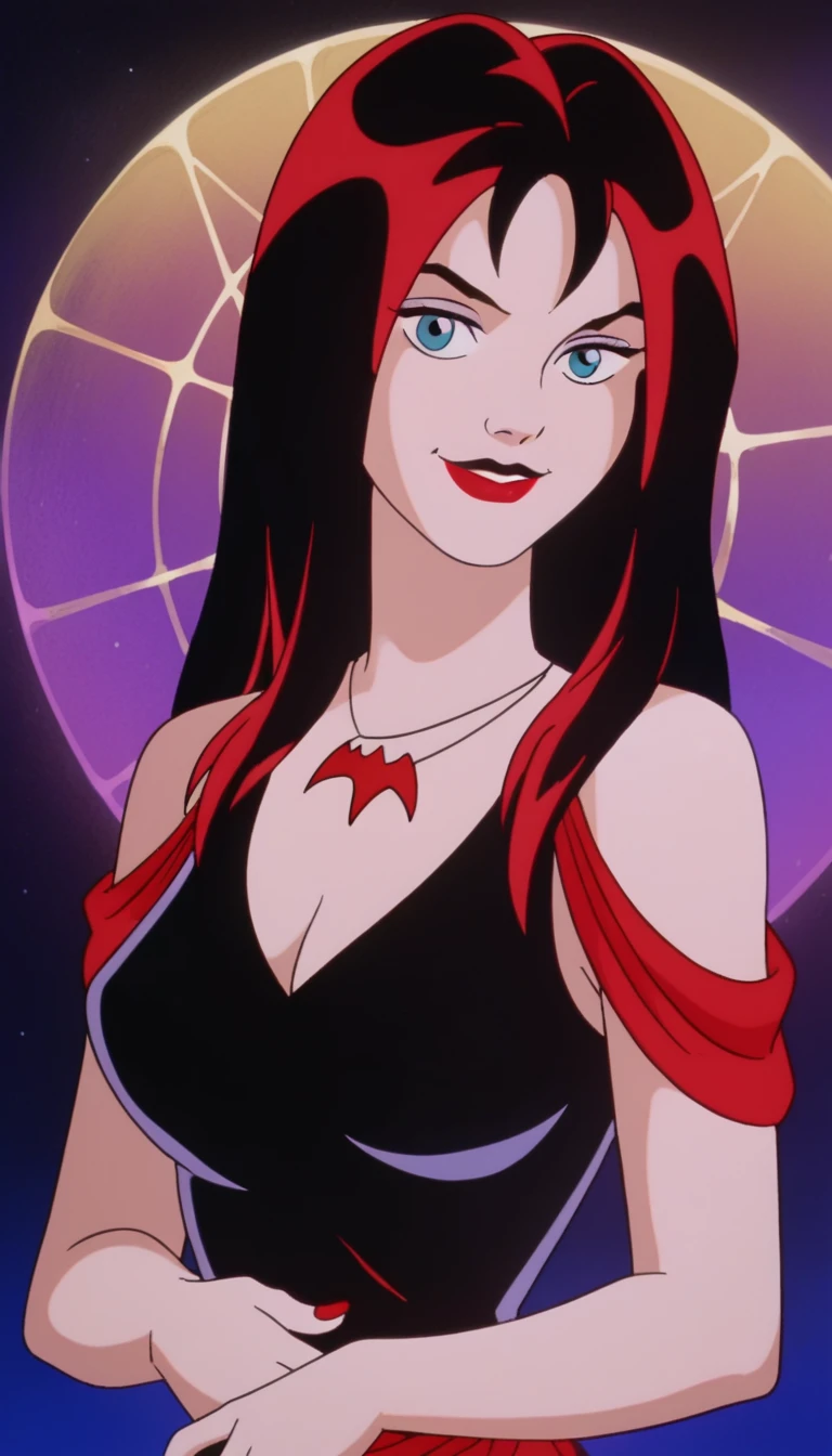 score_9, score_8_up, score_7_up, zPDXL, Thornhex, black hair, red highlights , SD90style, retro artstyle, source_cartoon, 2D, 1girl, red nails, blue eyes, red lips, black dress, long hair, looking at viewer, breasts, lipstick, makeup, upper body, smile, full body