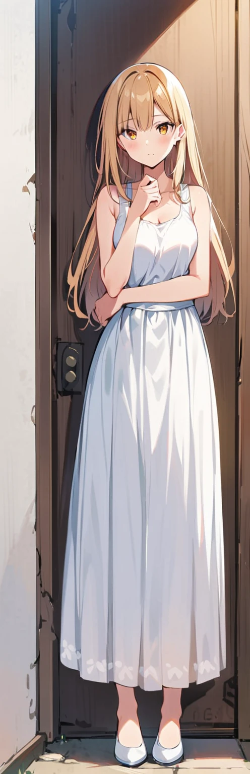 1 girl, standing alone,standing_to divide, 
long hair, White sleeveless tank top, from cueca