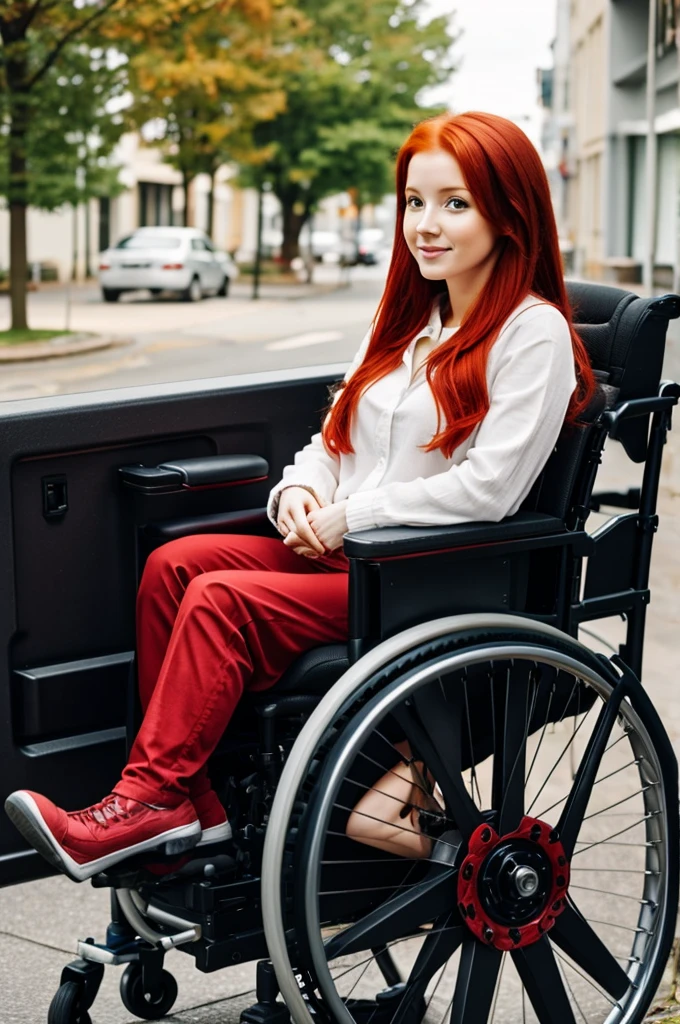 Red-haired woman sitting in a wheelchair