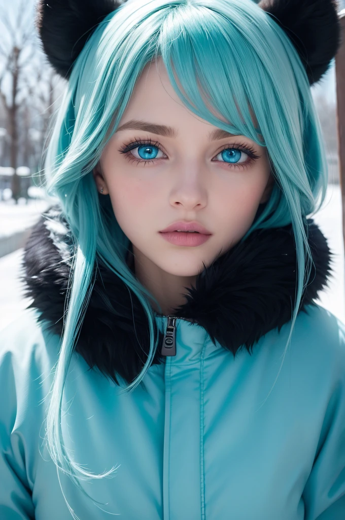 ((high qualiy)), , turquoise blue eyes, black fur, boca lip sinc, looking at snow landscape