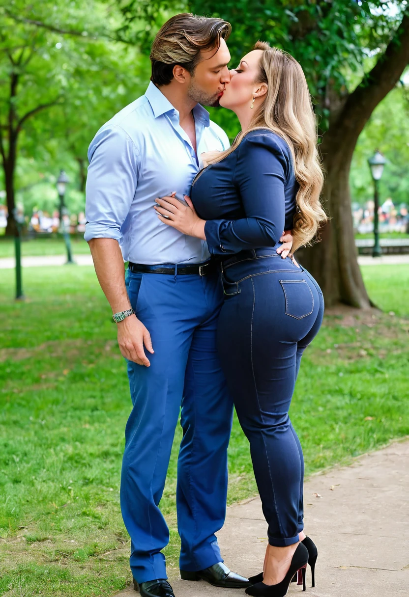 A 35 years old (woman and a handsome man), ((devotedly kissing each other)) in the park, the woman has a face like Chelsea Charms, she is wearing a business shirt with deep cleavage, business trousers, high heels, (extremely huge saggy breast:1.3), slim waist, wide hips