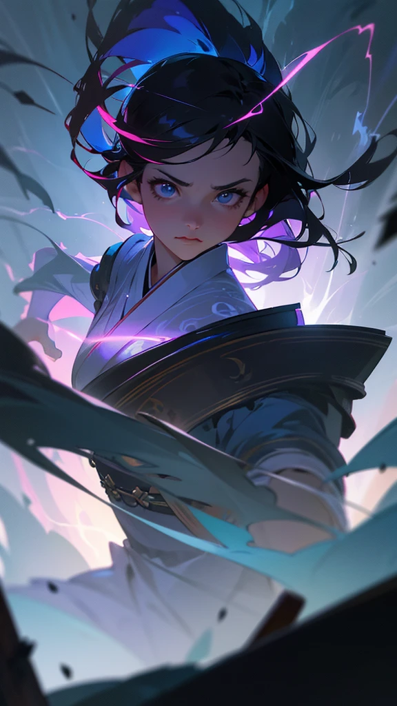 a beautiful young woman, 18 years old, long dark hair, striking bright blue eyes, serious expression, wearing traditional japanese clothing, manipulating purple lightning bolts, summoning thunderstorms, wielding powerful magic, dramatic lighting, dark atmosphere, (best quality,4k,8k,highres,masterpiece:1.2),ultra-detailed,(realistic,photorealistic,photo-realistic:1.37),HDR,UHD,studio lighting,ultra-fine painting,sharp focus,physically-based rendering,extreme detail description,professional,vivid colors,bokeh,dark fantasy,concept art