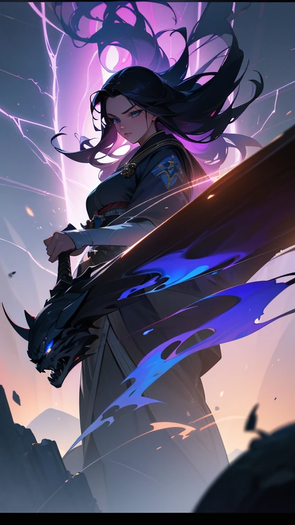 a beautiful young woman, 18 years old, long dark hair, striking bright blue eyes, serious expression, wearing traditional japanese clothing, manipulating purple lightning bolts, summoning thunderstorms, wielding powerful magic, dramatic lighting, dark atmosphere, (best quality,4k,8k,highres,masterpiece:1.2),ultra-detailed,(realistic,photorealistic,photo-realistic:1.37),HDR,UHD,studio lighting,ultra-fine painting,sharp focus,physically-based rendering,extreme detail description,professional,vivid colors,bokeh,dark fantasy,concept art