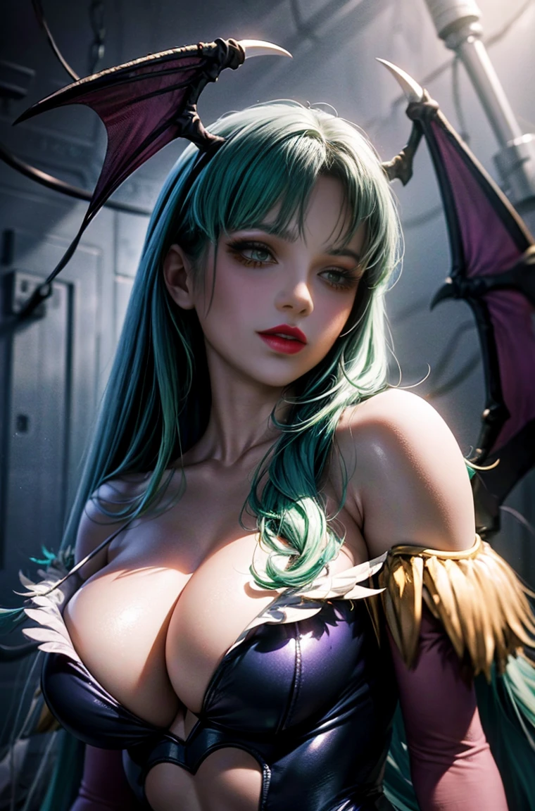 maximum quality、Masterpiece artwork、超High resolution、(Photorealistic:1.4)、1 girl、,ssmile sutil, Bright green long hair、slickedback hair, shiny and clean hair、, black batwing with purple membrane on the back, black bat wing with purple membrane on head, White and glowing skin、sexy girl、((super realistic details))、ombre、octane rendering、ultra-sharp、hyper-detailed face、Fiberglass、Luminous tube、highly intricate detail、Realistic Lumiere、CGSoação Trends、(clear green eyes)、(facing the camera)、neon detailechanical limbic vertebrae attached to the back、mechanical cervical fixation to the neck、Wires and cables connected to the head、((Valkyrie))、((Beam cannon))、Combat posture、、(Lumiere_ssmile:1.0)、whole body、