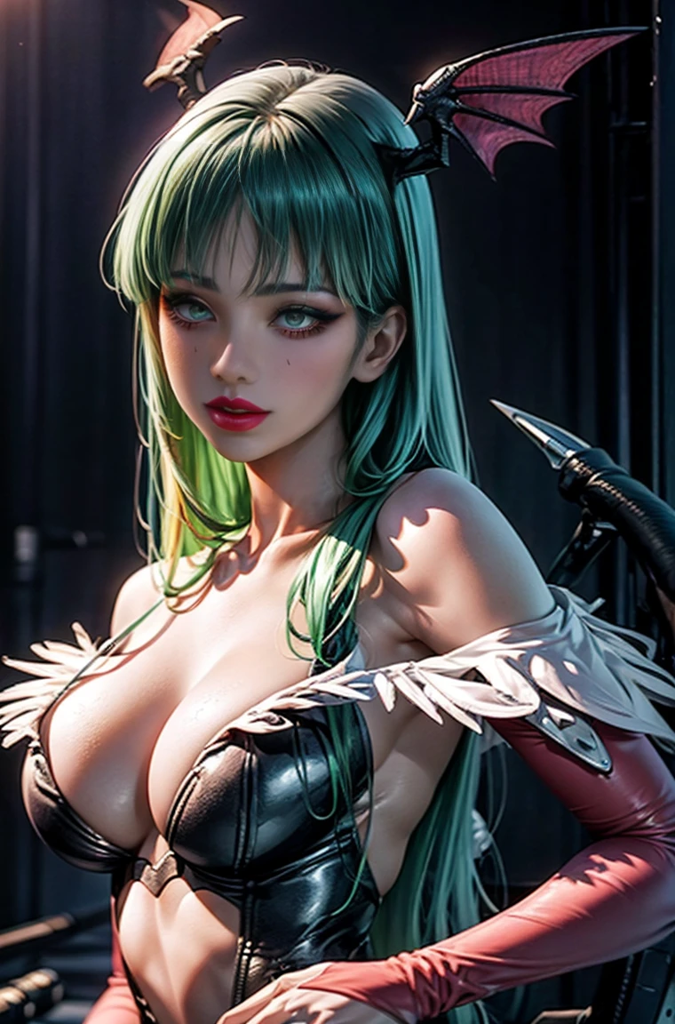 maximum quality、Masterpiece artwork、超High resolution、(Photorealistic:1.4)、1 girl、,ssmile sutil, Bright green long hair、slickedback hair, shiny and clean hair、, black batwing with purple membrane on the back, black bat wing with purple membrane on head, White and glowing skin、sexy girl、((super realistic details))、ombre、octane rendering、ultra-sharp、hyper-detailed face、Fiberglass、Luminous tube、highly intricate detail、Realistic Lumiere、CGSoação Trends、(clear green eyes)、(facing the camera)、neon detailechanical limbic vertebrae attached to the back、mechanical cervical fixation to the neck、Wires and cables connected to the head、((Valkyrie))、((Beam cannon))、Combat posture、、(Lumiere_ssmile:1.0)、whole body、
