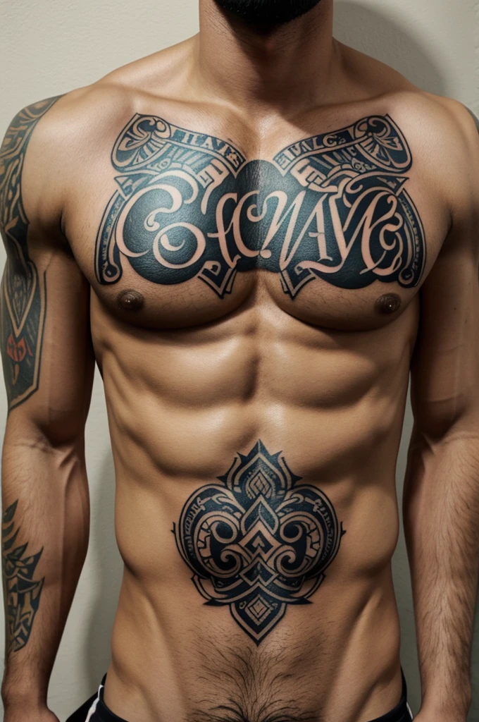 pectoral tattoo with the name Markus Mijaíl in old letters with the letters M in filigram