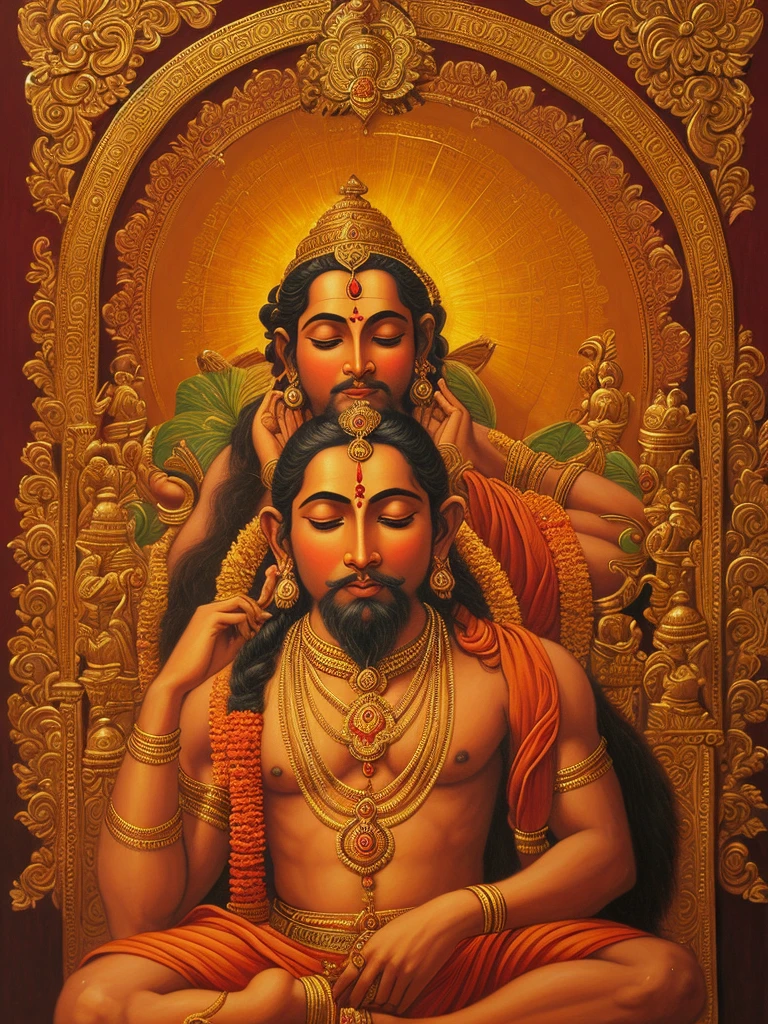 a painting of a Saint Ramdas swami bowing to lord Hanuman , inspired by Ram Chandra Shukla,, beautiful depiction, inspired by Raja Ravi Varma, hindu stages of meditation, hindu aesthetic, tithi luadthong, seated in royal ease, traditional art, love of wisdom, by Daryush Shokof