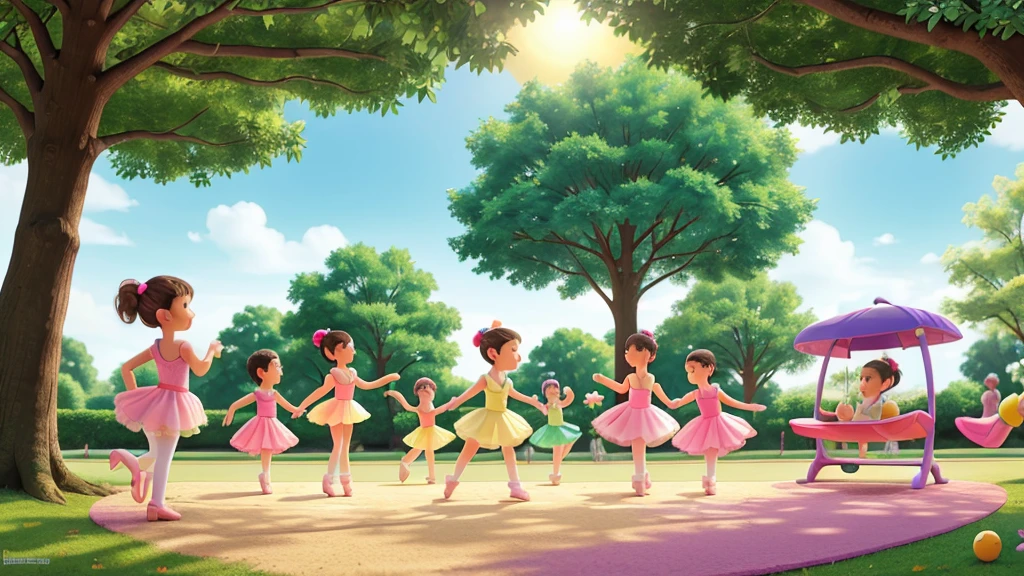 Create a colorful and cheerful picture for a puzzle . The image must portray a group of friends, including a ballerina, playing in a park on a sunny day. The ballerina must be dressed in a pink tutu and ballet shoes, participating in games with friends. on the scene, include elements like a bright sun, Green trees, colorful flowers and park toys (as swings, slides and a ball). Children&#39;s expression should be one of happiness and fun. The composition must convey the idea of friendship and unity."