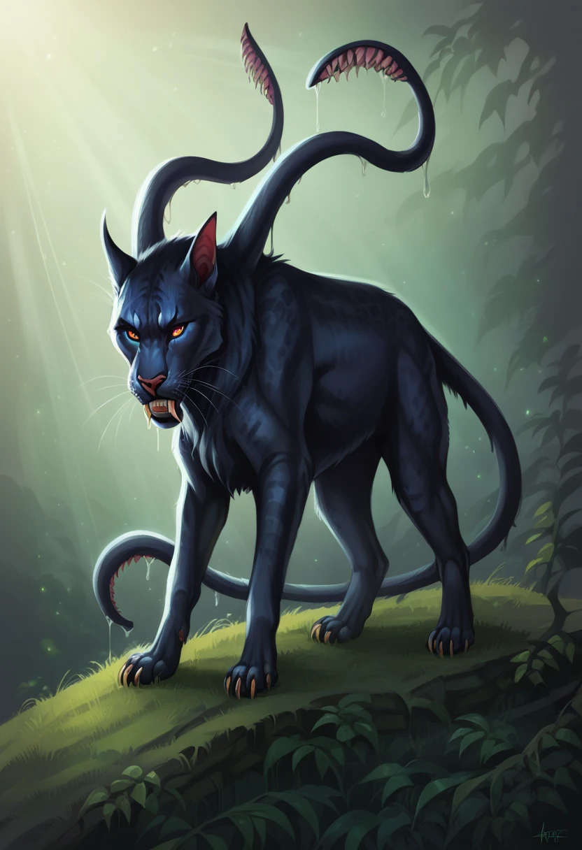 DISPLACER BEAST, FELINE BODY, HORROR, ((6 LEGS)), ((2 tentacles grow from the neck, pointing forward)). realistic,highres,ultra-detailed,wildlife,night scene,moonlit,ominous shadows,dense foliage,quiet ambiance,majestic creature,poised,alert,sharp-pointed ears,fierce gaze,powerful presence,untamed beauty,ominous,striking contrast,fearsome predator,graceful and stealthy movements,dark and mysterious habitat