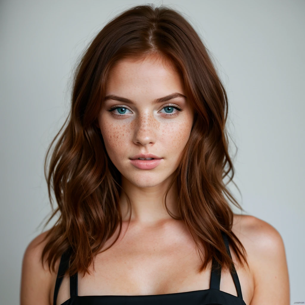 young girl, red-haired woman, blue eyes with light freckles on her cheeks, big tits, she is dressed in a sexy, elegant black dress, photo taken on a white background. Ultra-high resolution, (photorealistic: 1.4), high resolution, (brown eyes), (finely detailed skin), (perfectly proportioned) (photo realistic) (masterpiece) (photorealistic), ultrarealistic (Best Quality) (Detailed) photographed in a Canon EOS R5, 50mm Lens, F/2.8, (8K) (Wallpaper) (Natural lighting) (Convoluted) Fashion