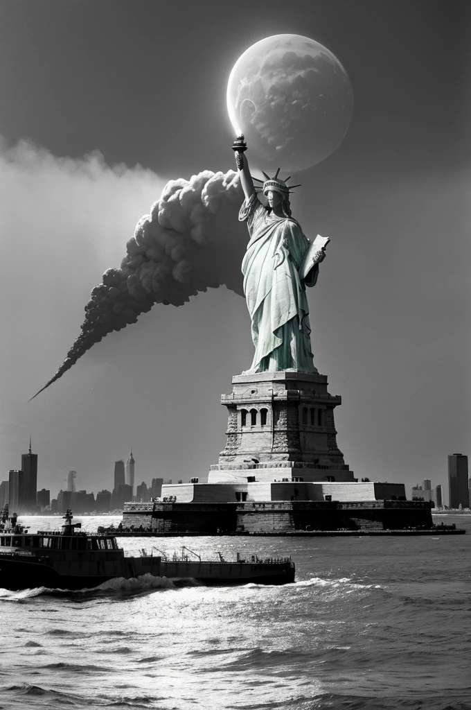 Statue of Liberty in the background of a New York suffering a nuclear attack