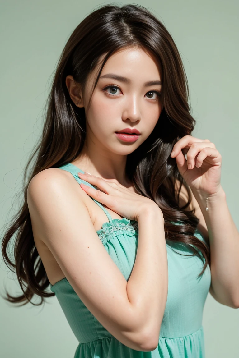Wavy long hair, Brown Hair, One girl, Emerald Eyes, Shake with two fingers, Pink Lips, Pastel Green Dress,